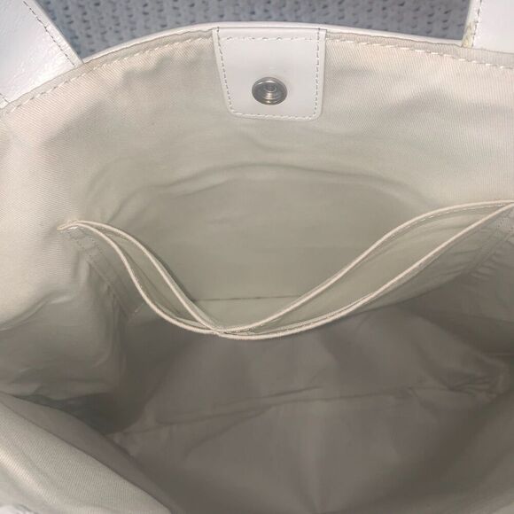 Lands End Patent Leather Mod Tote Bag Black w/White Snap Close Top Cotton Lining - Picture 11 of 16